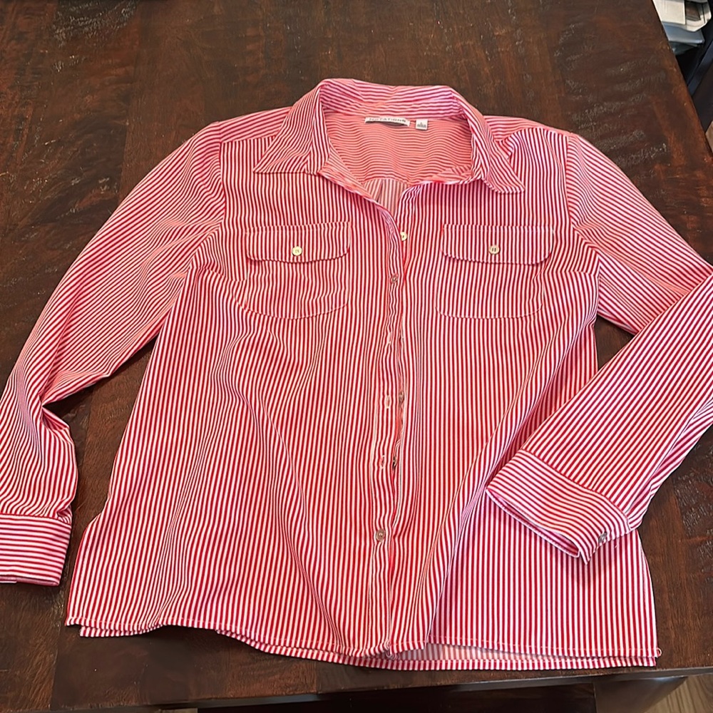 Notations striped red and white woman’s top size large.